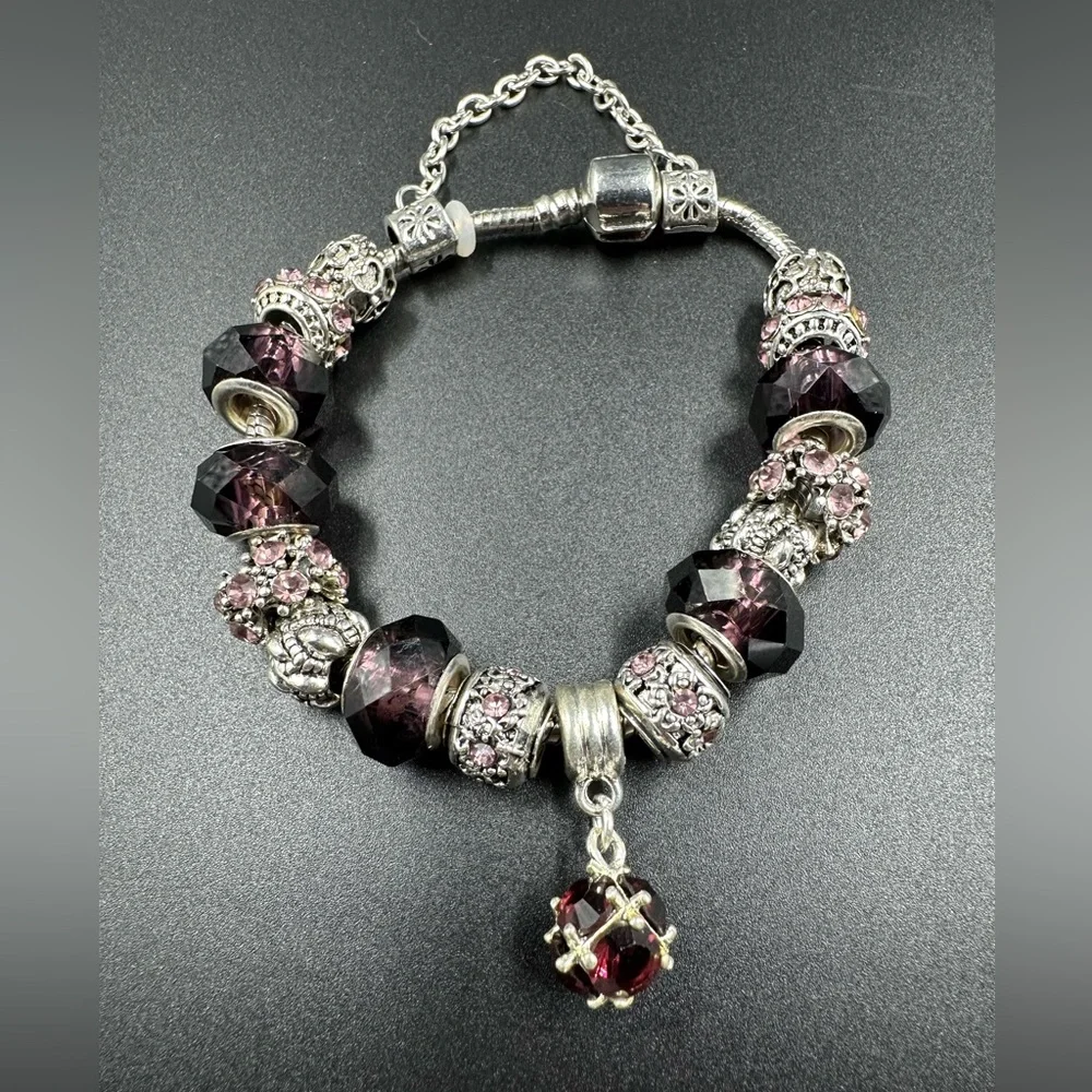 Slider Charm Bracelet Deep Purple and Silver Ornate and Faceted Beads